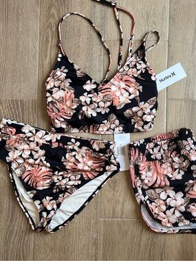 Hurley Black Floral Bikini and Shorts Set NWT